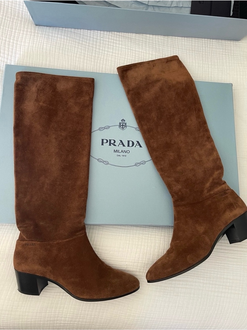 Prada Stretch Suede Tall Boots Bruciato Brown Size 37/7.5 - Picture 2 of 13